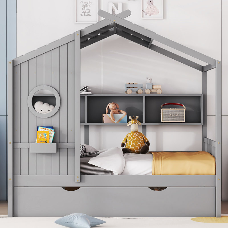 Lit de maison en bois avec lit gigogne et tablette de rangement, gris, Complète