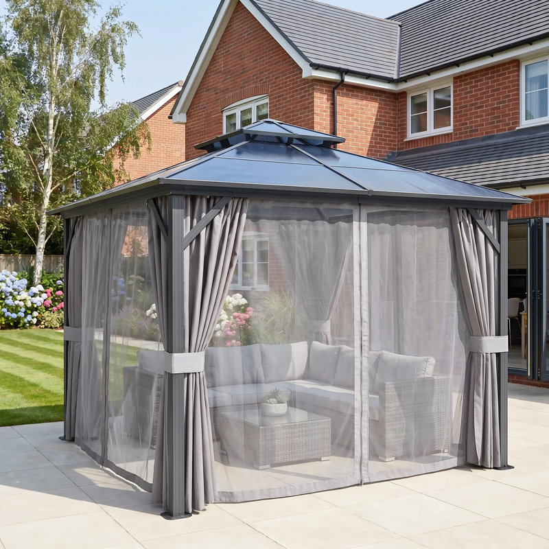 GRDN living Retreat Plus 3.6m x 3m Aluminium Hardtop Gazebo with Double Polycarbonate Roof in Anthracite Grey with Curtains