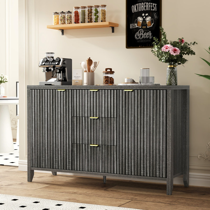 Black Fluted Wood Sideboard with Drawers and Doors, 46.5"
