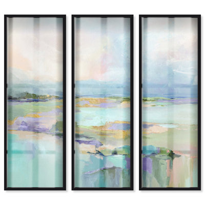 Luminous Shore - Ira Comleva, reproduction abstraite grand format en trois parties, encadrée sous verre, par Art Remedy, cadre noir, 16 x 48 pouces