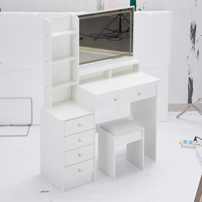 Large Size Left Bedside Cabinet Vanity Table+Cushioned Stool, Extra Large Touch Control Led Mirror