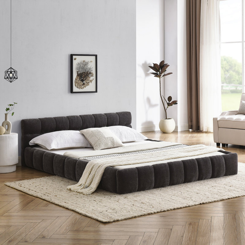 Structure de lit tapissier grand format avec tissu d'ameublement épais, structure de lit plateforme grand format en chenille avec tête de lit et structure solide. Sans sommier tapissier, gris foncé