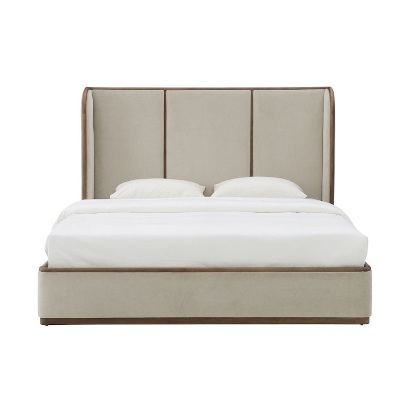 Greer Polyester Blend with Solid Wood with Poplar Veneer Smokey White Queen Bed, Medium Mocha, King