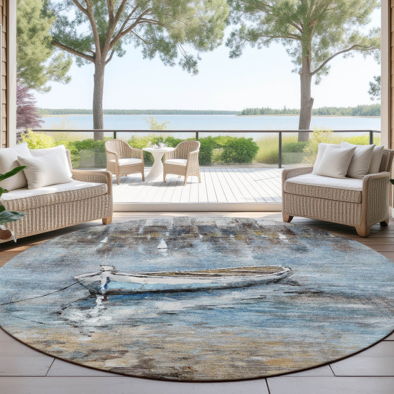 Machine Washable Indoor/Outdoor Xhevrie Blue Rug, Round 8'