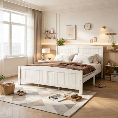 Solid Pine Platform Bed with Headboard and Footboard, Farmhouse Bed Frame No Box Spring Needed for Apartment, King Size, Light White