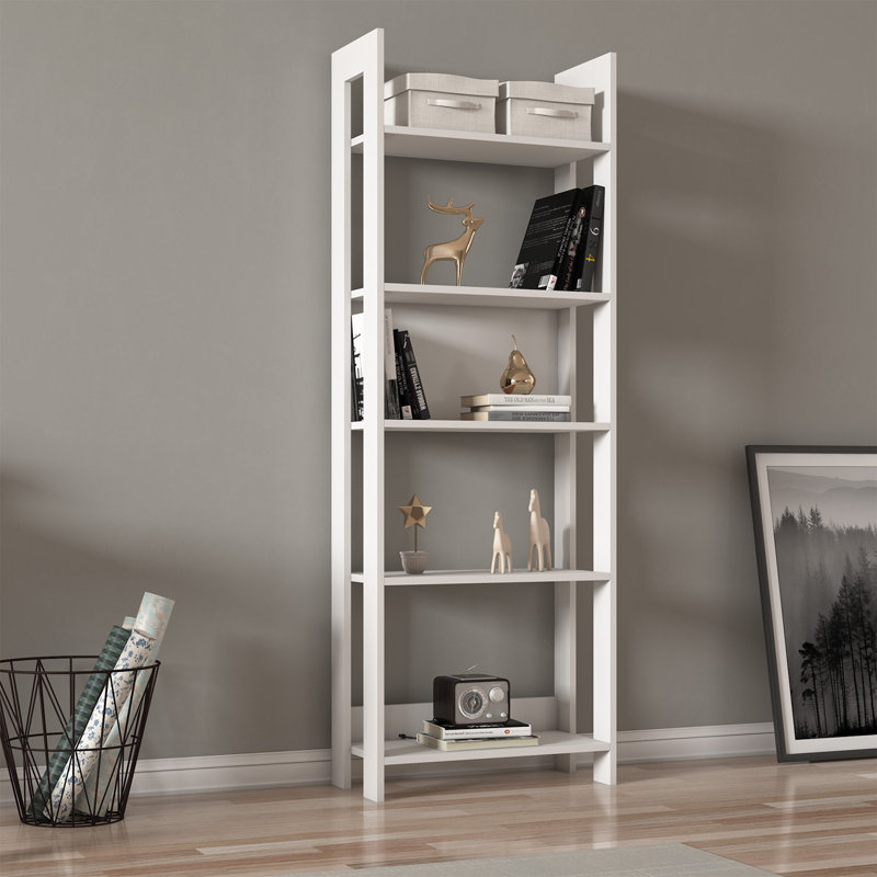 Bibliothèque moderne blanche, 5 tablettes, 63,0 x 70,9 x 11,8 pouces | 100% panneau de particules enduit de mélamine, épaisseur: 0,7 pouce | Conception murale, idéale pour le rangement à la maison ou au bureau, élégante et fonctionnelle