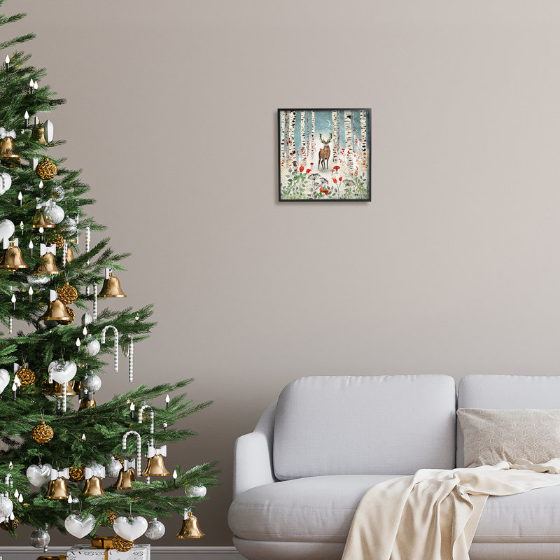 «Deer In Nighttime Birch Forest» encadré sur bois par Jacqueline Wild, peinture, Giclée encadrée noir minuit
