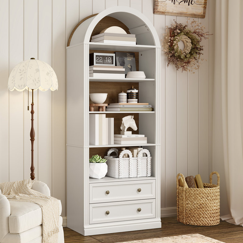 69.7" Farmhouse Arched Bookshelf with Open Display Shelves, 7 Tier Modern Bookcase with 2 Spacious Drawers and Cabinet
