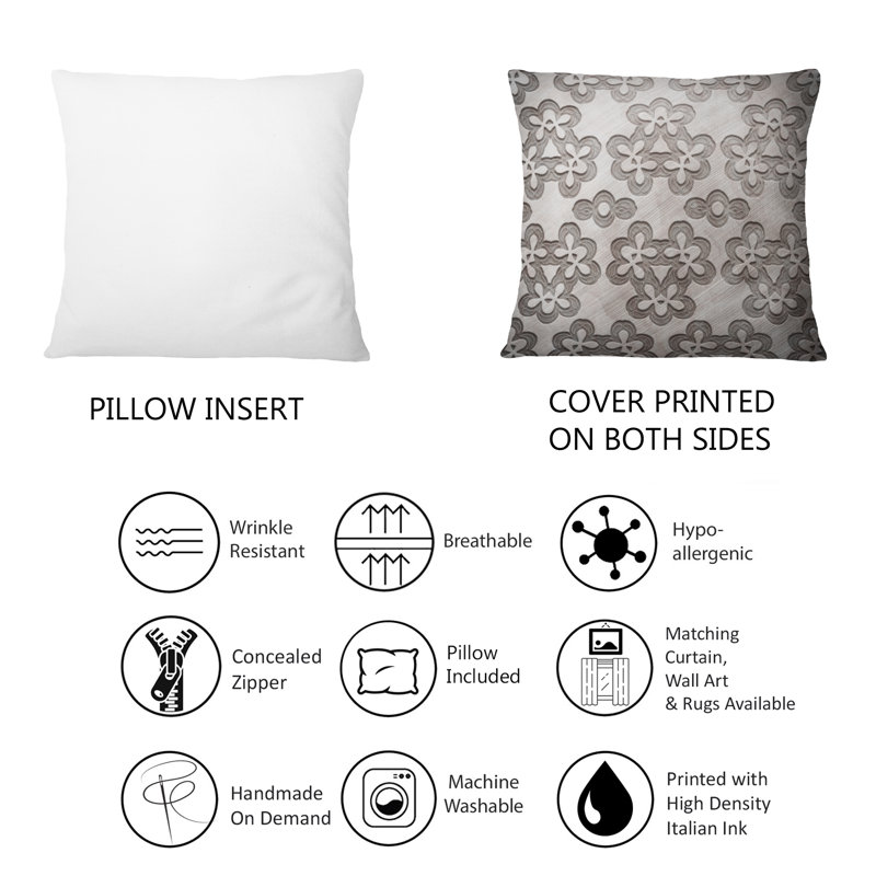 Coussin décoratif gris à motif de fleurs grises