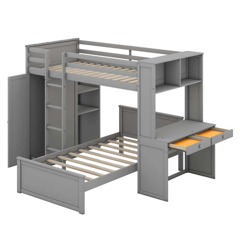 Lit mezzanine simple avec lit autonome, tablettes, bureau et garde-robe, gris