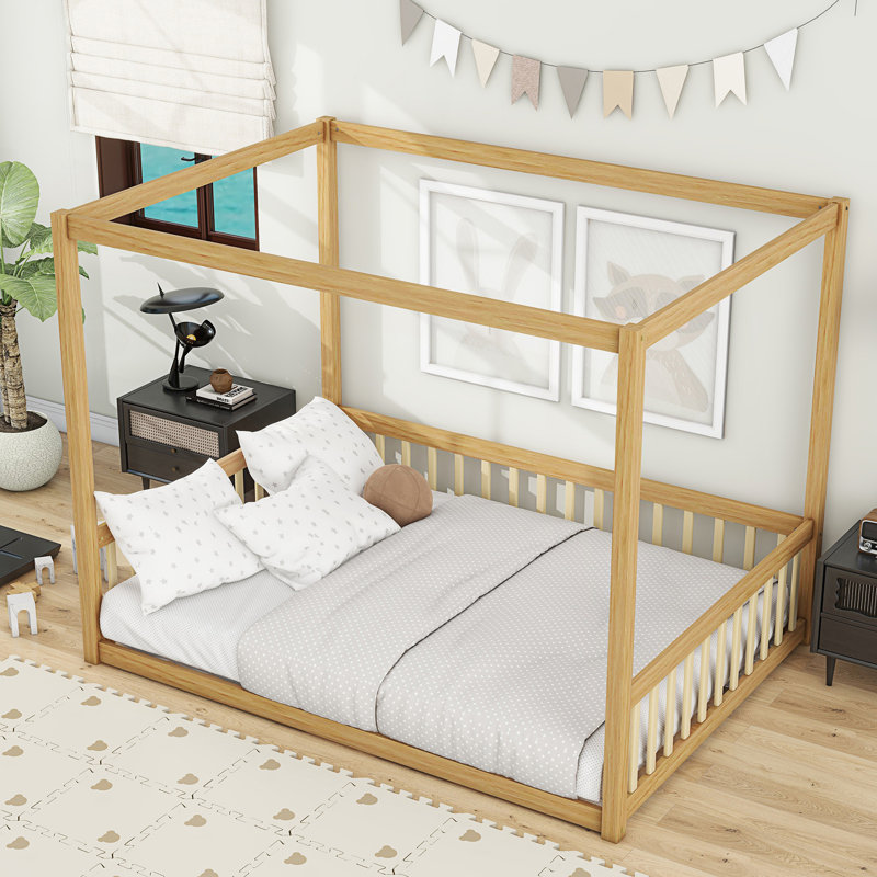 Full Size Canopy Floor Bed With Fence, Natural