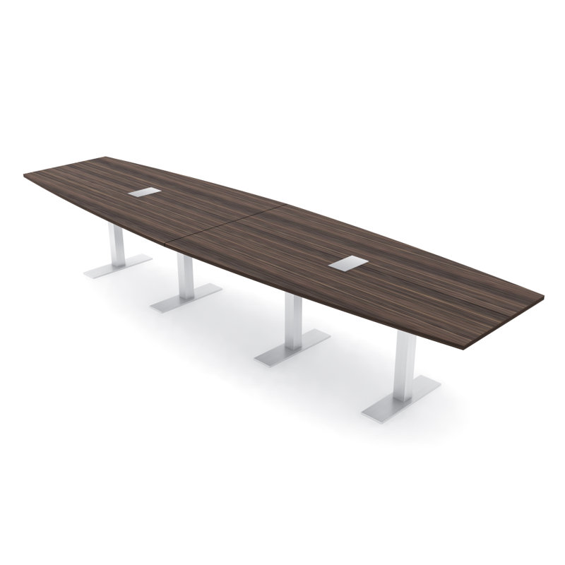 Table de conférence en forme de bateau avec base en T en métal | Unité électrique, L 168 po x l 48 po, Eucalyptus naturel