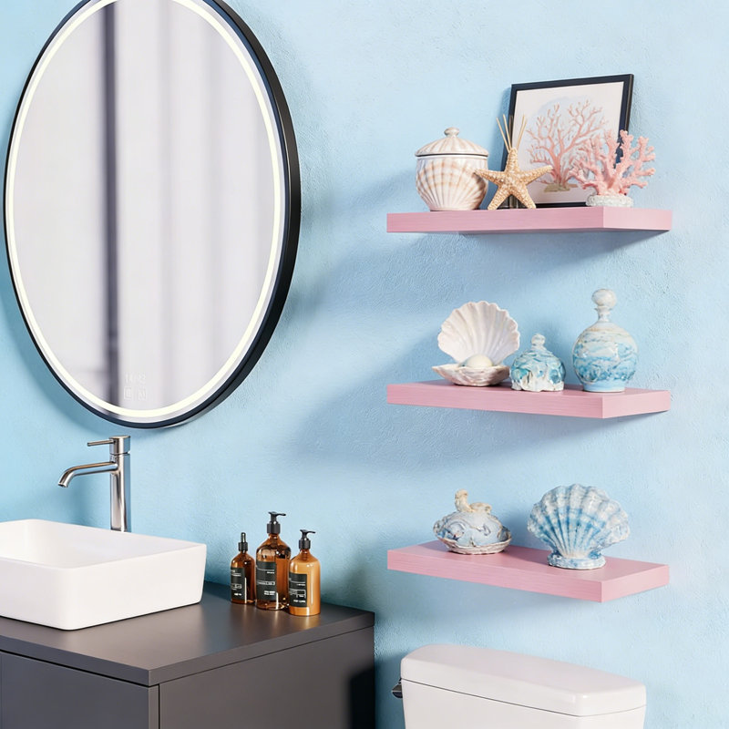 Pink Floating Shelves For Wall, Set Of 3 Wood Wall Shelves For Bathroom Bedroom Living Room Decor, 15.7 Inch, 22Lb Capacity