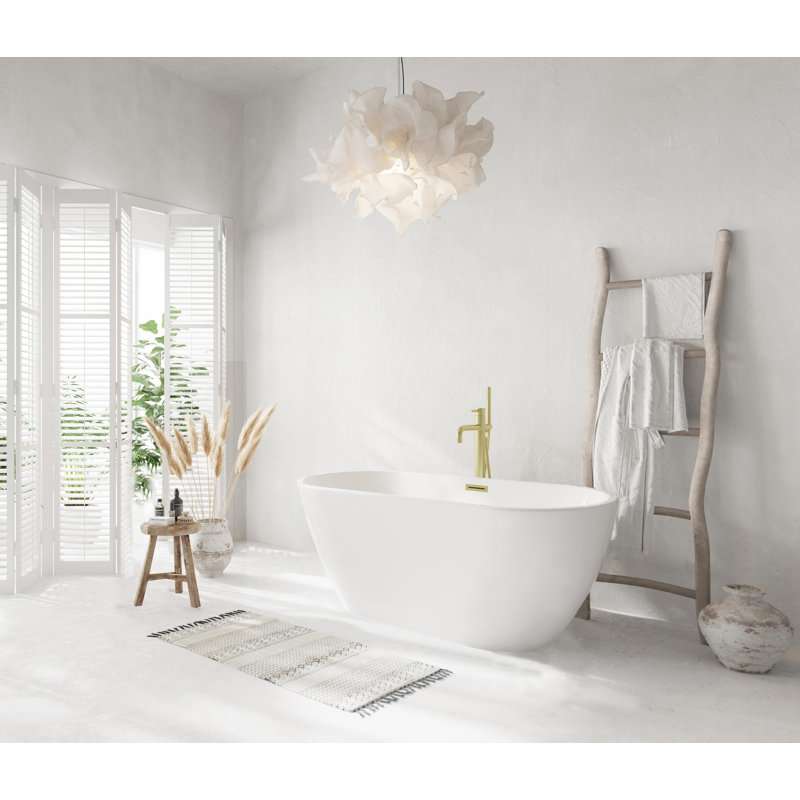 Elegant Glossy White Acrylic Bathtub with Brushed Gold Trim