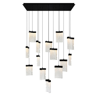 Integrated LED 48" Black Modern Chandelier with Handmade Textured Glass for Dining Room Foyer Bedroom Living Room