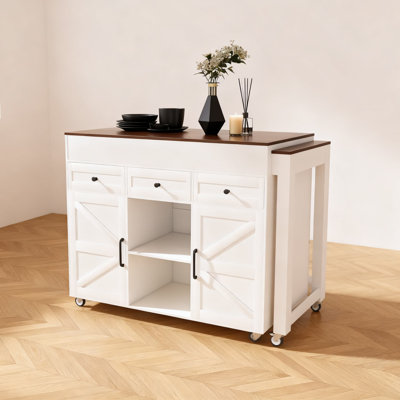 Îlot de cuisine extensible avec table de salle à manger à abattants, chariot mobile avec prise de courant, 3 tiroirs et armoire de rangement sur roulettes verrouillables pour la cuisine et la salle à manger