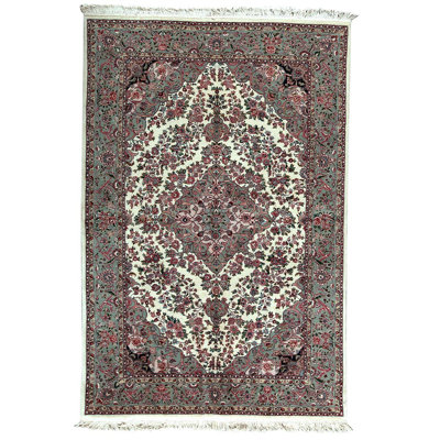 Tapis unique vert / rose / crème noué à la main de haute qualité