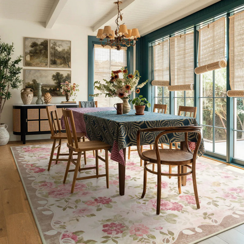  Kaldi Floral Washable Vintage Soft Non Slp Pink 6X9 Area Rugs for Living Room Bedroom Dining Room Low Pile Ultra-Thin Boho Carpet