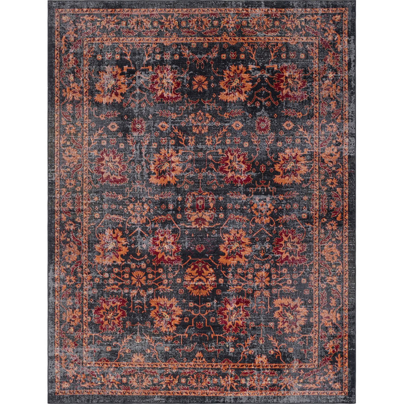 Tapis noir à motif floral, Rectangle 9 pi x 12 pi
