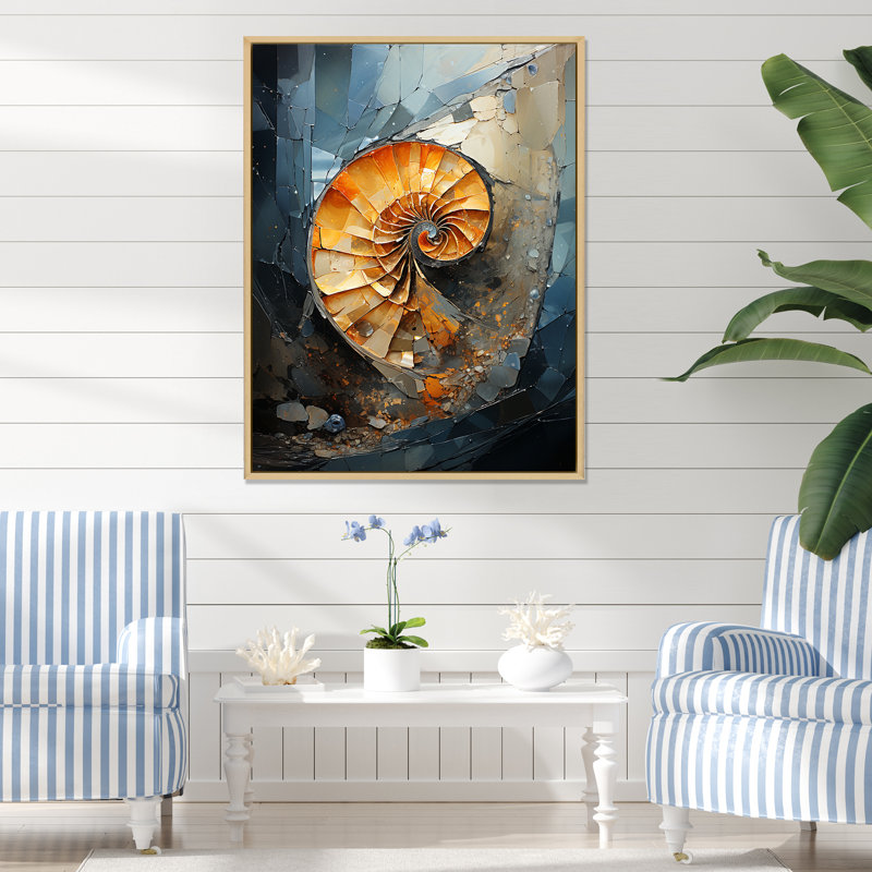 Golden Sea Sheel Spiral sur toile, H 40 po x l 30 po x P 1,5 po, Cadre naturel flottant