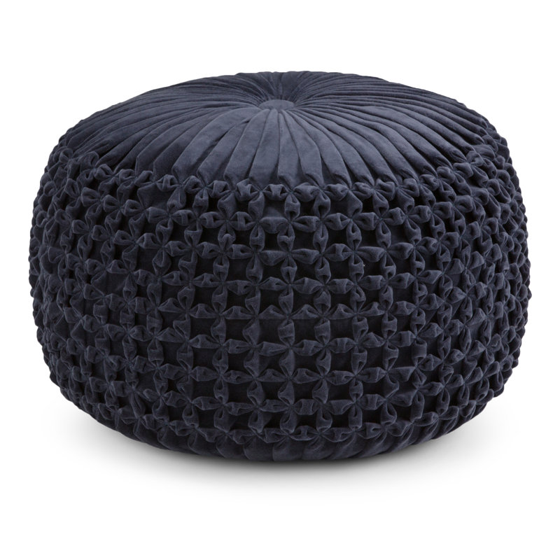 Renee 20"W Upholstered Velvet Boho Round Pouf in Navy with Button-Tufted Pleated Design, Navy