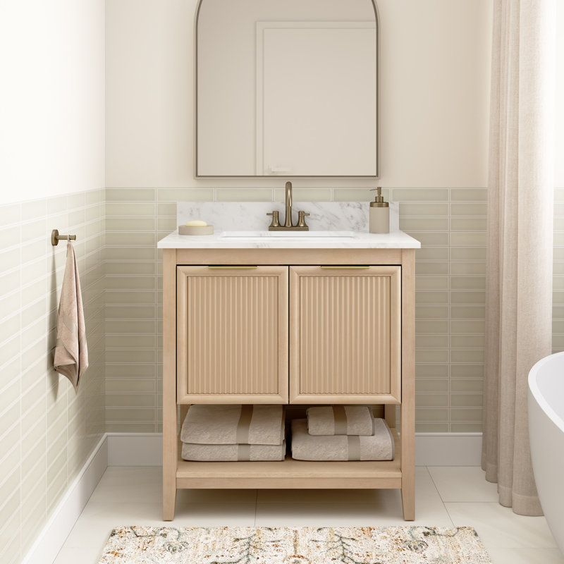 Meuble-lavabo 32 po avec lavabo, armoire cannelée, plateau en faux marbre, style moderne, bouleau naturel, Bouleau naturel