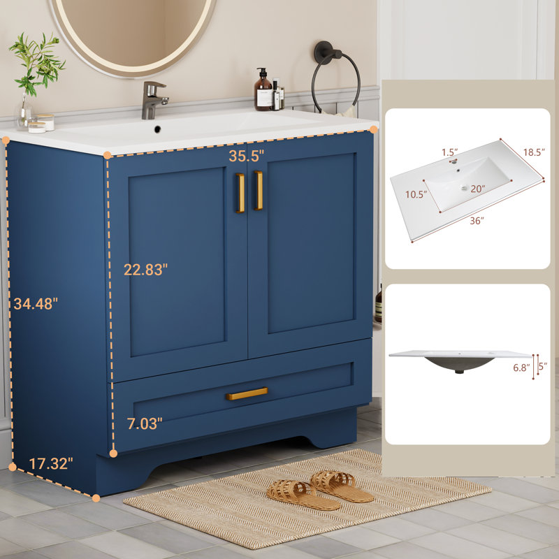 Meuble-lavabo autoportant 36 po avec lavabo 36 po, meuble-lavabo à 2 portes et 1 tiroir, poignée en métal, bleu, Blue, 36"