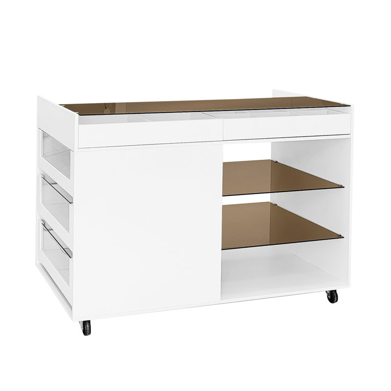 Îlot de rangement blanc avec 3 tiroirs latéraux en verre trempé, 2 tablettes ouvertes et armoire réversible 43,3 po