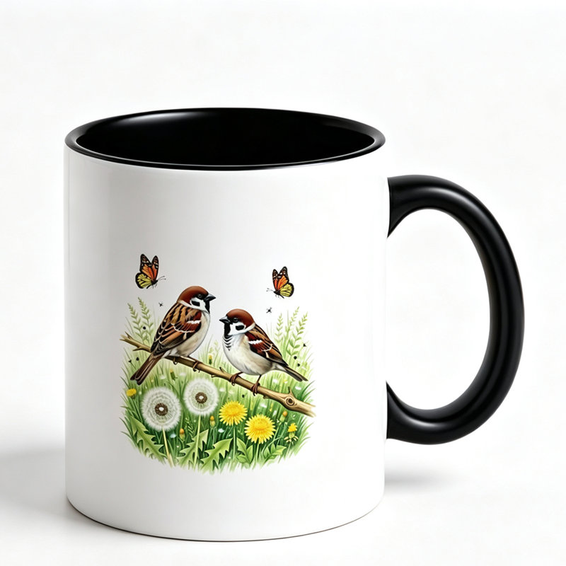 Charming Ceramic Mug with Birds And Butterflies On Flowering Branch Design - Perfect Gift for Mother On Mother's Day Birthday Anniversary.