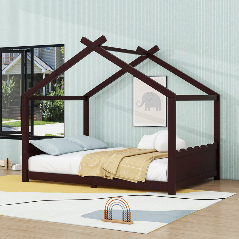 Montessori House Floor Bed with Center Support Legs, Low‑Profile Safe Design, Espresso, Full