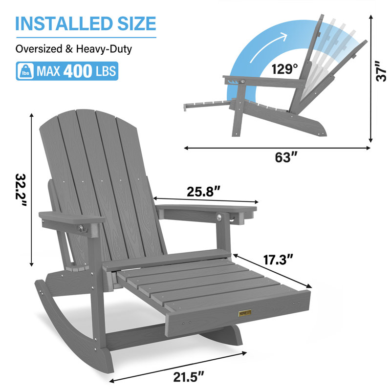 Chaise berçante d'extérieur surdimensionnée en plastique Adirondack, Gris