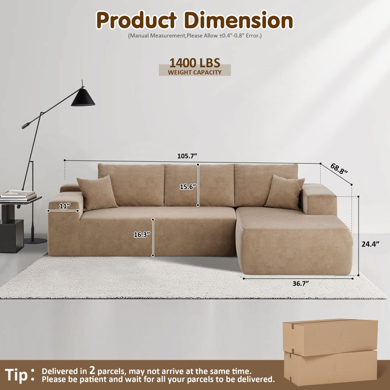 Canapé modulaire Nathasa 2 pièces sans assemblage avec compression, canapé désossé à revêtement libre avec méridienne en L, canapé modulaire à assise profonde pour le salon et la chambre à coucher