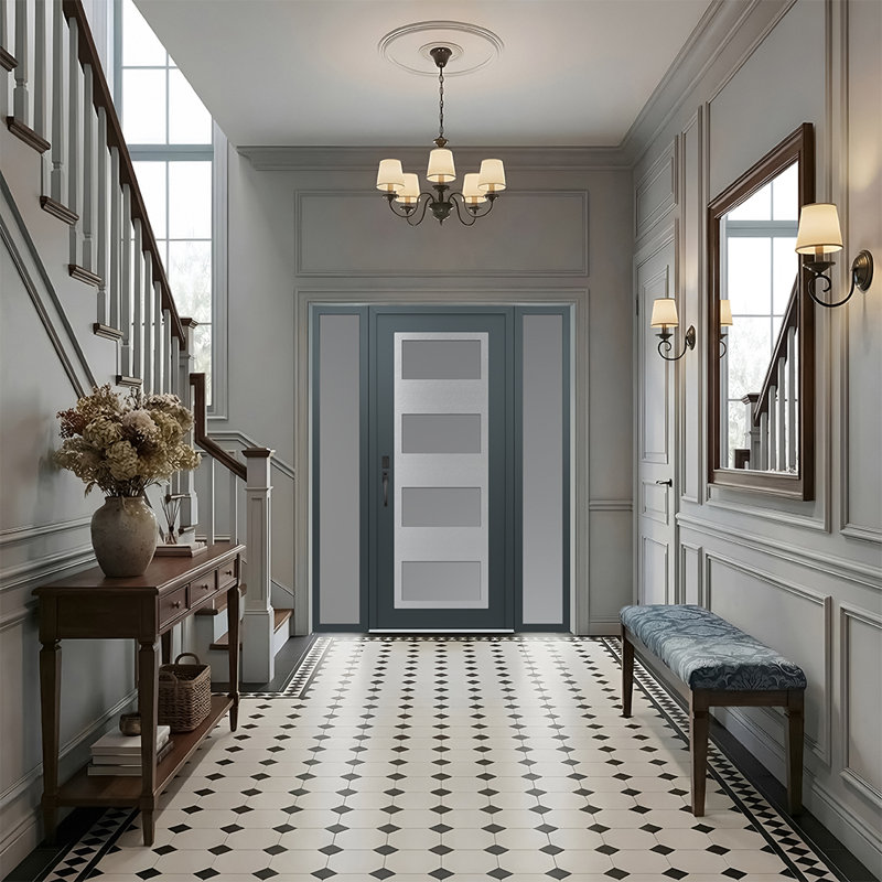 Porte d'entrée avant prémontée à 2 panneaux latéraux en acier argenté anthracite / anthracite, L 69 po x H 81,69 po, Gelé