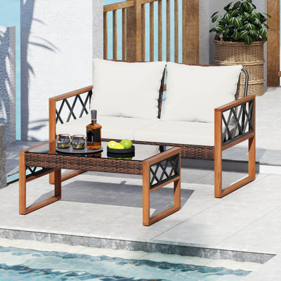 2 Pieces Patio PE Wicker Furniture Set Outdoor Acacia Wood Loveseat for Porch