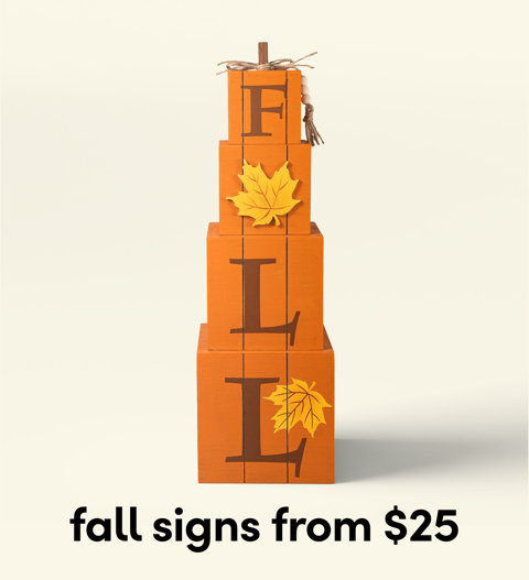 Stacked wooden blocks spelling FALL decorated with yellow maple leaves and twine, with text reading fall signs from $25.