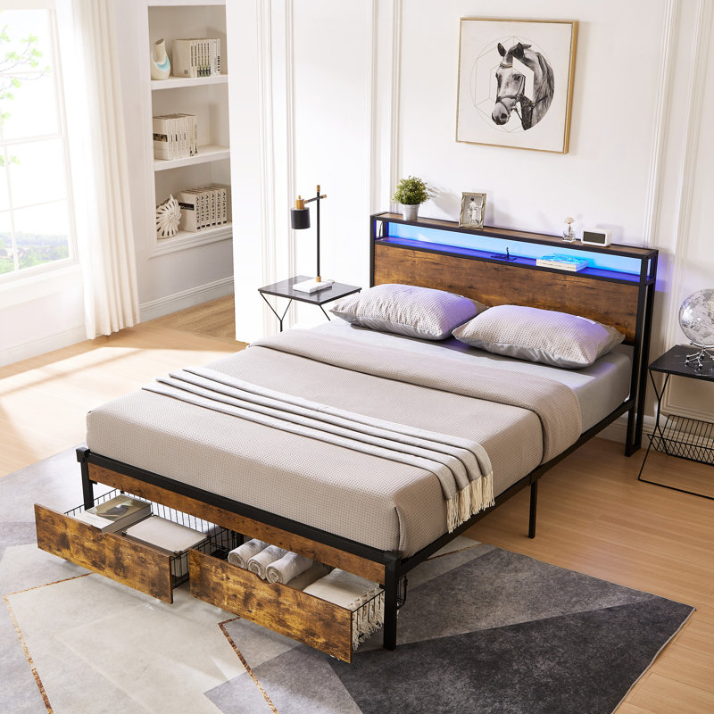 Base de lit plateforme en métal avec panneaux de tête et de pied en bois, installation de chargement, 2 tiroirs de rangement, lumières à DEL, aucun sommier requis, capacité de poids de 600 lb, grand manuel d'assemblage facile