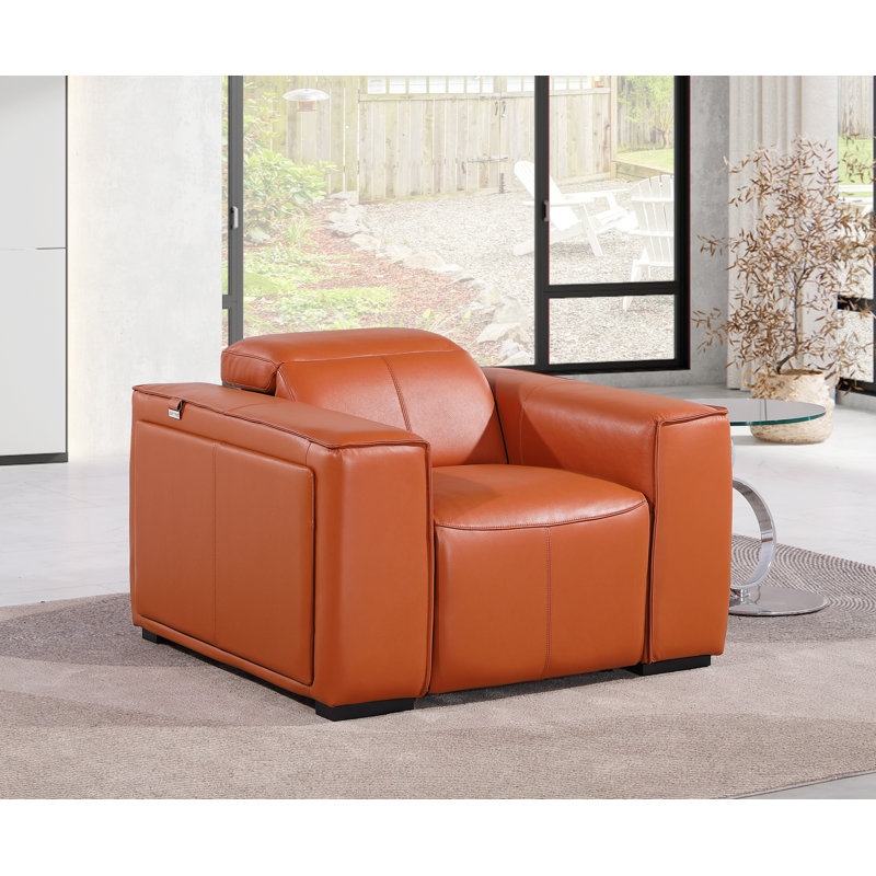 Top Grain Italian Leather Power Reclining Arm Chair with Power Headrests, Camel Genuine Leather