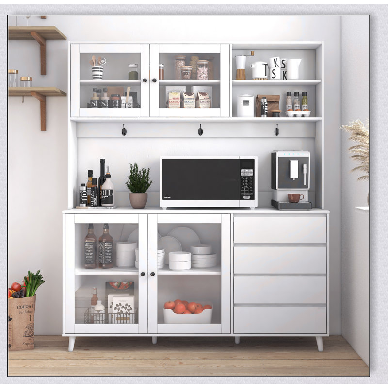 Spacieuse armoire de cuisine autoportante de 63 pouces avec 4 portes, 4 tiroirs et une tablette à micro-ondes pour le rangement organisé