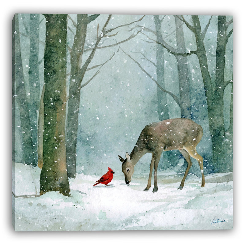 «Winter Path», art mural sur toile tendue cerf et cardinal