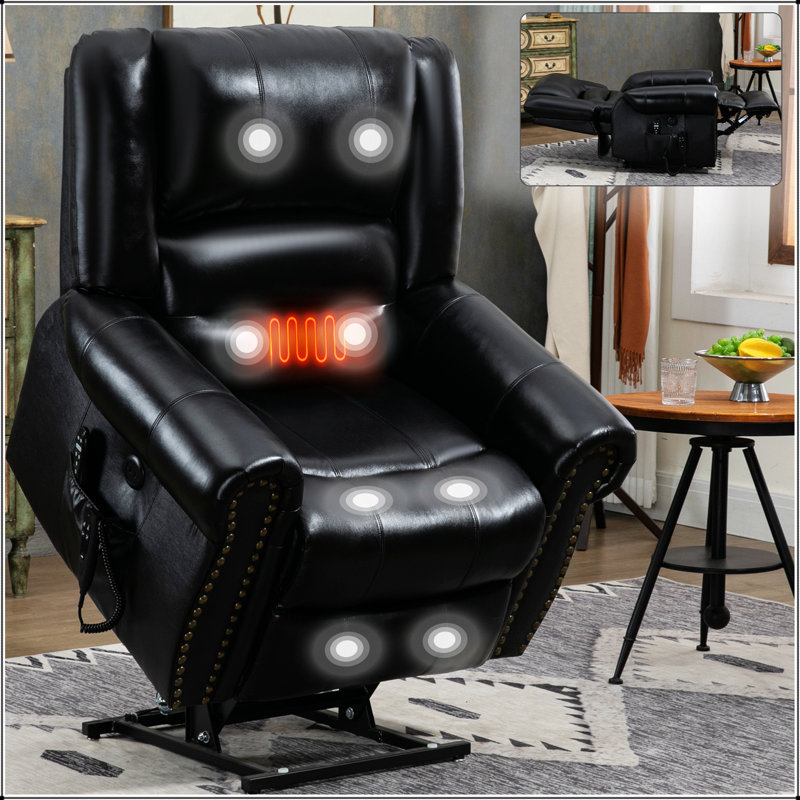 Power Lift Recliner Chair Heat Massage Dual Motor Infinite Position Up to 350 LBS,Genuine Leather, Black Genuine Leather