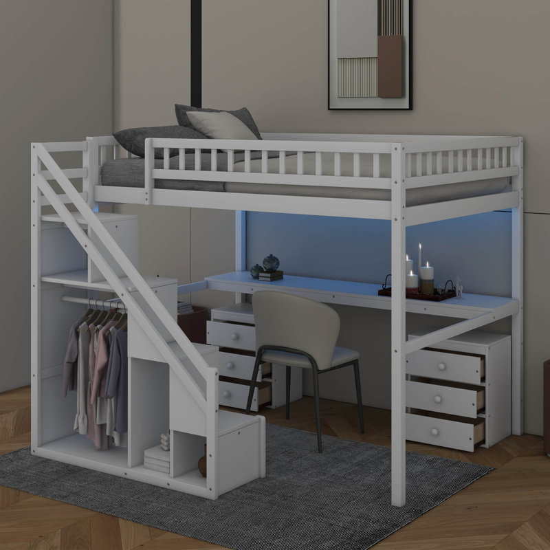 Lit mezzanine double avec tiroirs, Blanc