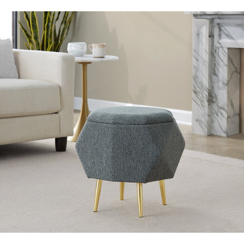 Ottoman In Gold Metal And Light Grey Fabric With Storage, Green