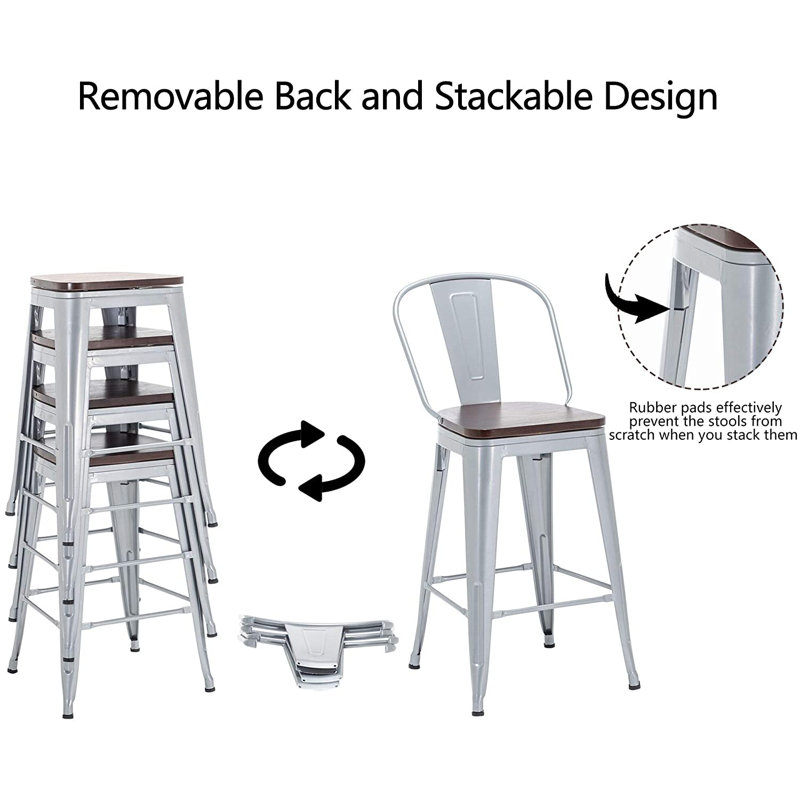 Silver Industrial Metal and Wood Counter Stools, Set of 4