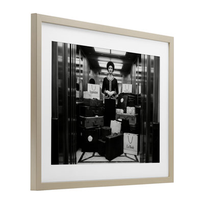 Elevator Chic Shopping Framed Print Under Glass, design by A Barefoot Stylist
