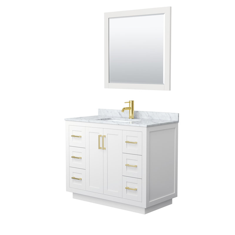 Miranda 42" Freestanding Single Bathroom Vanity with Marble Top with 34" Mirror, White, Brushed Gold