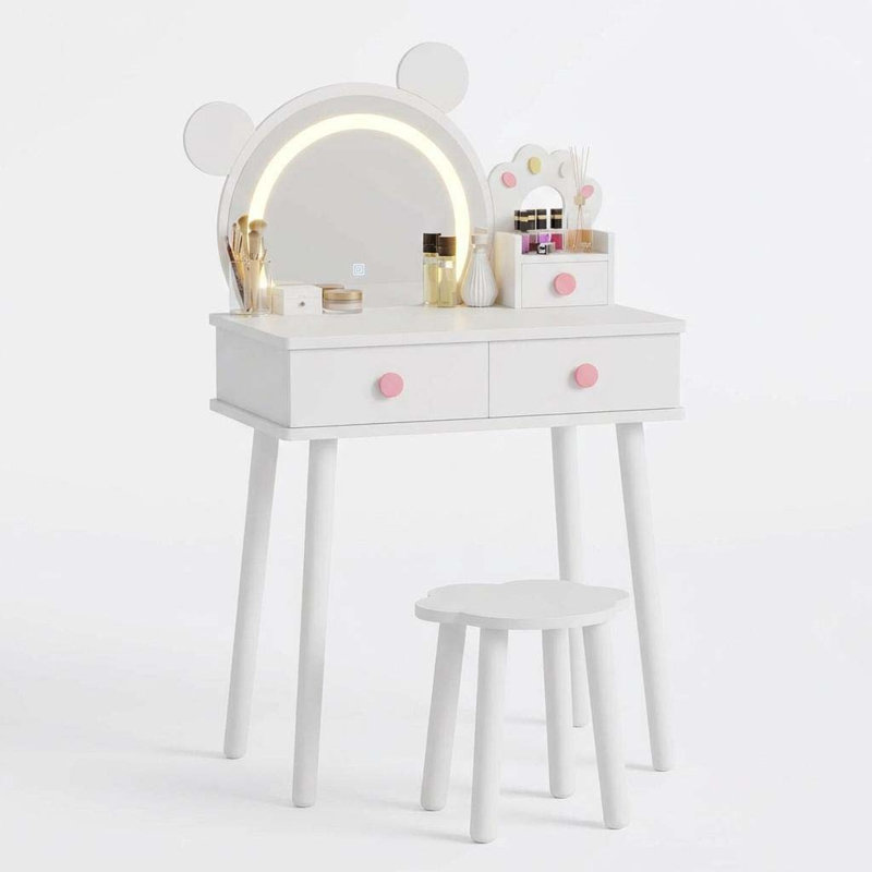 Bear-Shaped Kids Vanity Table & Chair Set, Lighted Mirror, Wooden Princess Makeup Desk, White, White