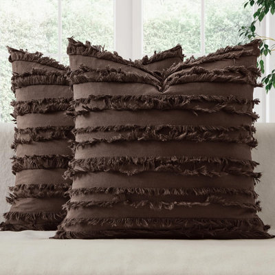 Ensemble de 2 housses de coussins décoratifs Boho décoratifs en lin brun foncé à motif de jacquard à rayures de style campagnard neutre pour canapé-lit salon chambre 20 x 20 pouces