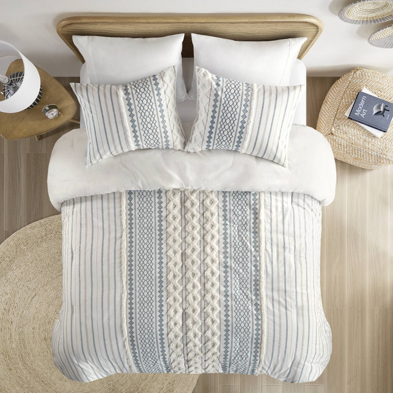 Cotton Printed Comforter 3 Piece Set, White/Navy