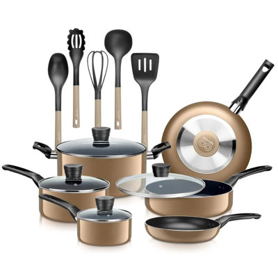 Batterie de cuisine de base Pots & Pans Basic, revêtement antiadhésif noir à l'intérieur, laque résistante à la chaleur (ensemble de 15 pièces), taille unique, doré