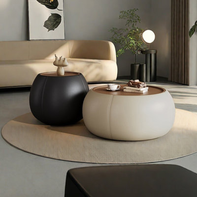 Round Creamy Coffee Table with Walnut Veneer